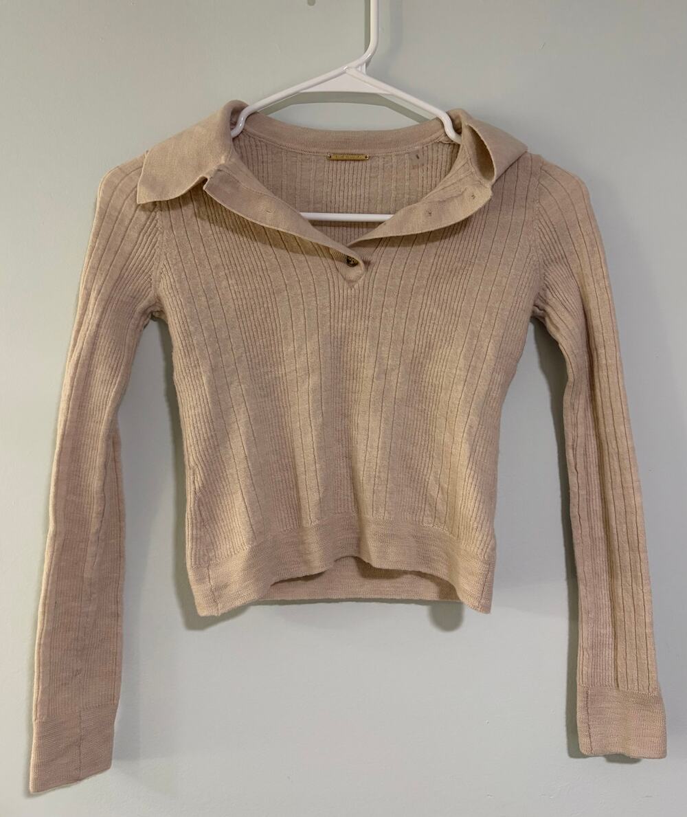 Elie Tahari 100% Merino Wool Cropped Polo Sweater Beige Size Tag Missing